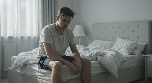 Мужчина смотрит в пол, сидя на кровати